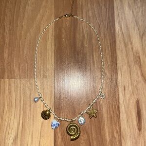 Beach Charm Shell Pendant Greece Necklace - Gold & Pearl Accents